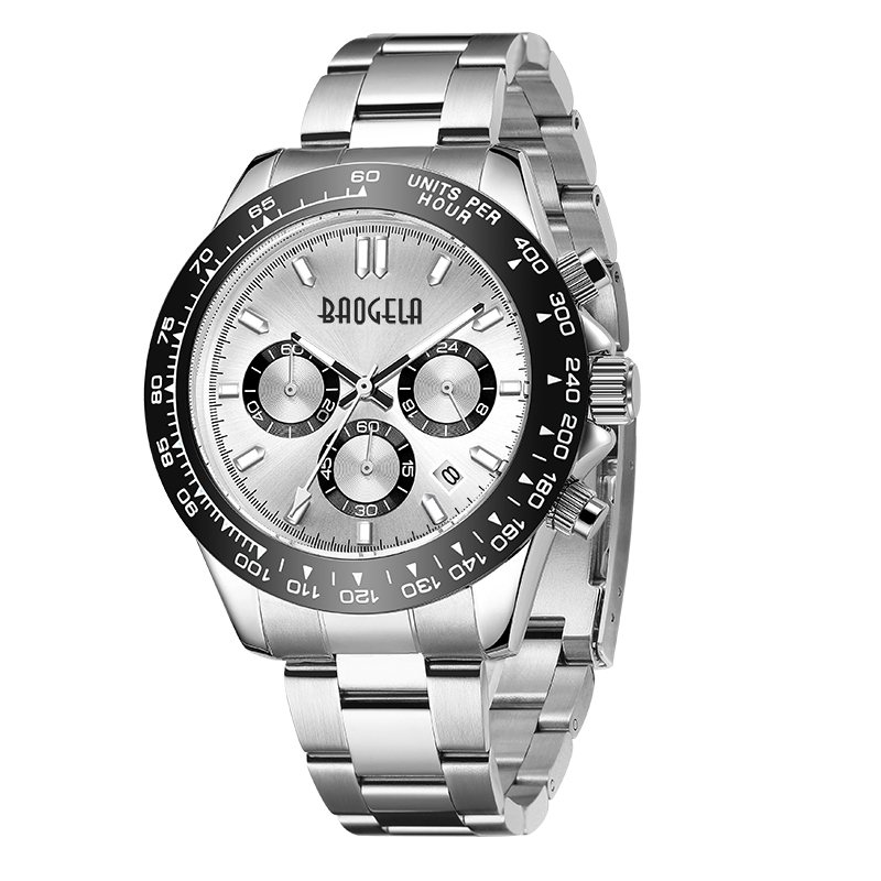Baogela Men Watch Top Brand Brand Luxury Sports Quart Watch inossidabile cronometro Waterproof Chronograph Owatch 2210 Bianconero